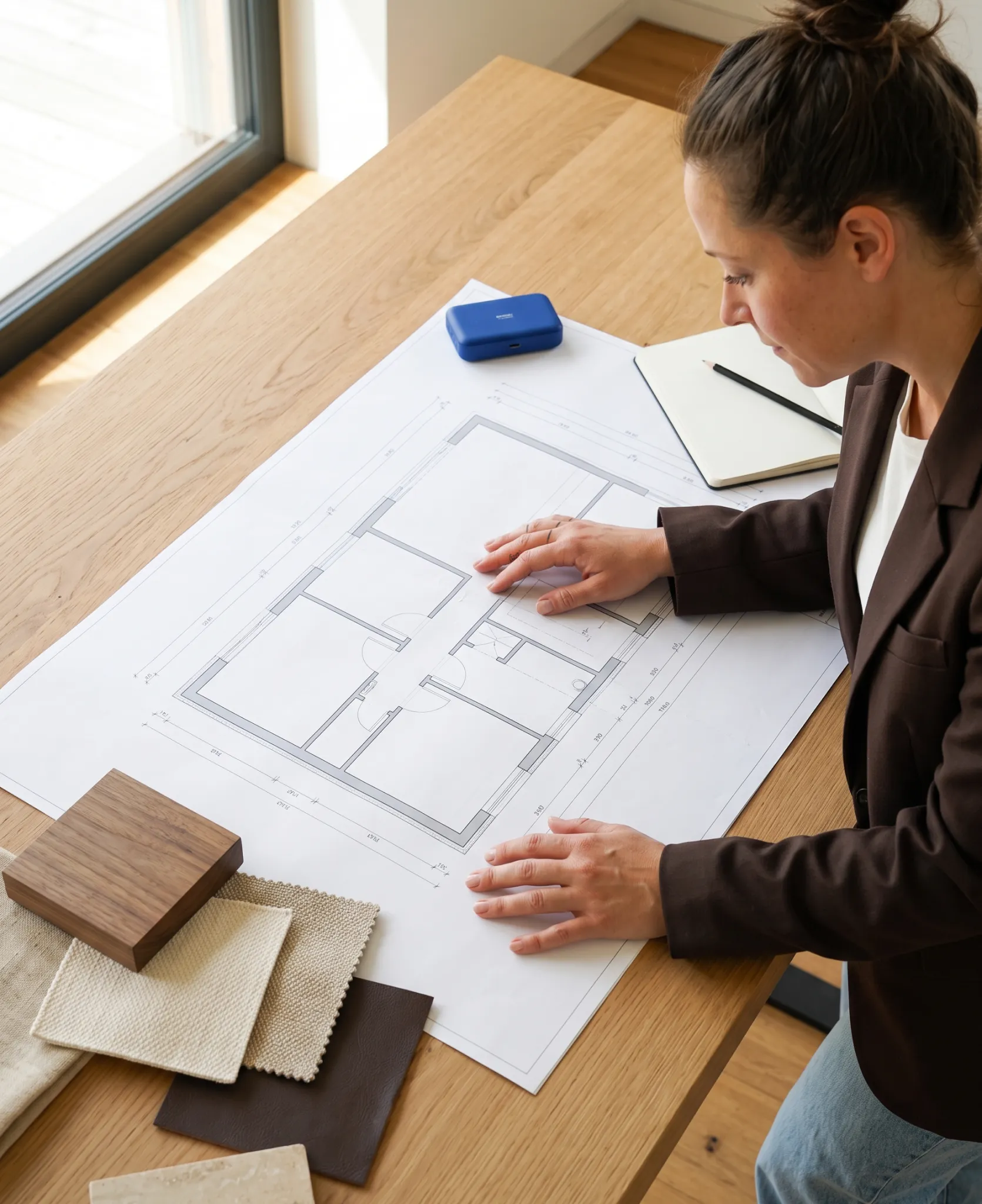 Nicole Niedermeier arbeitet am Schreibtisch an einem Grundriss mit Materialmustern