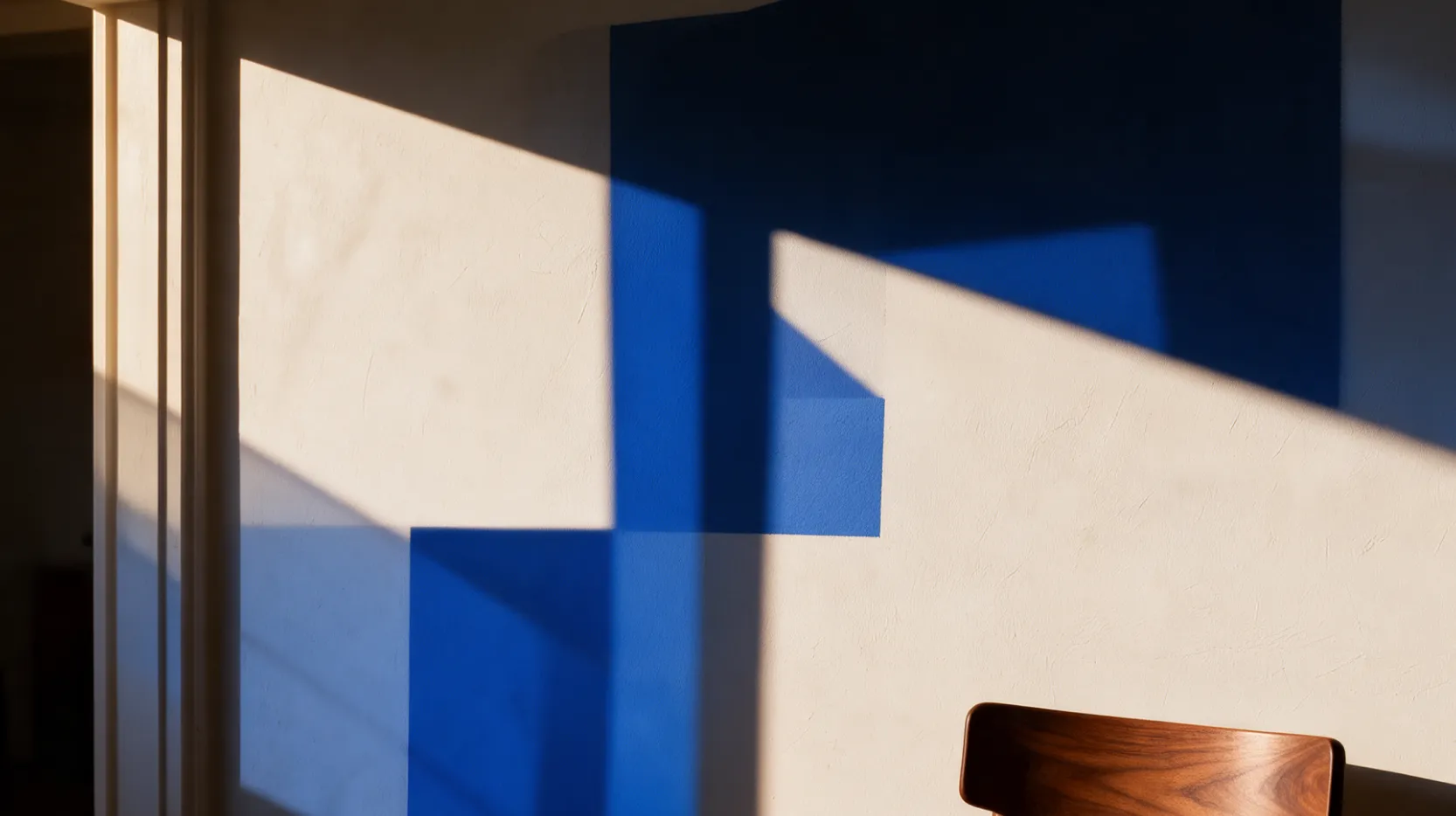 Blaues Licht und Schatten auf einer hellen Wand in einem Innenraum