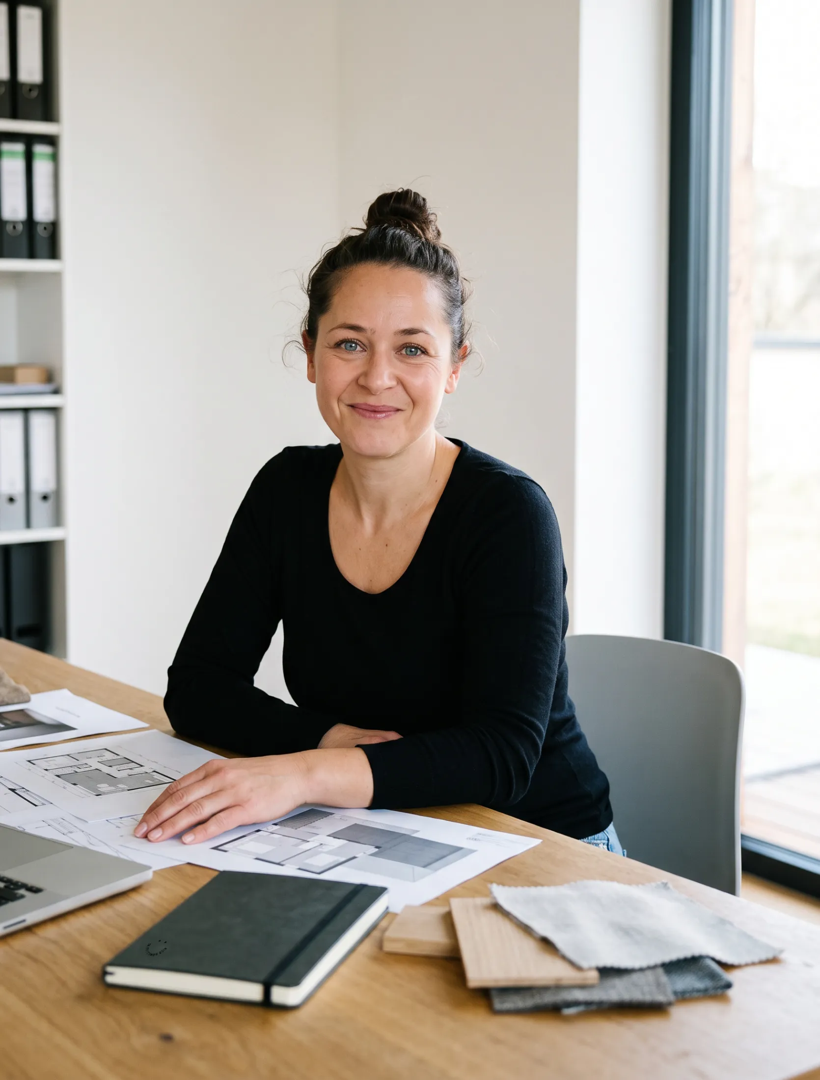 Nicole Niedermeier am Schreibtisch mit Grundrissen und Materialmustern