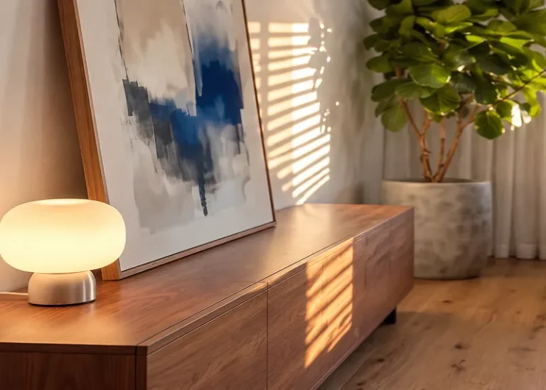 Sideboard aus Nussbaum mit Tischleuchte, abstraktem Bild in Blautönen und Geigenfeige im Licht der Abendsonne