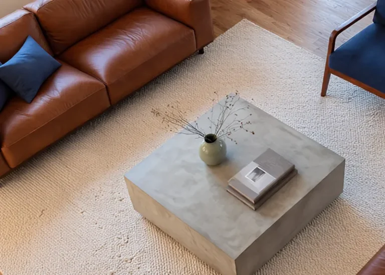 Couchtisch aus Beton mit Vase und Bildband auf hellem Wollteppich, daneben Ledersofa mit blauen Kissen