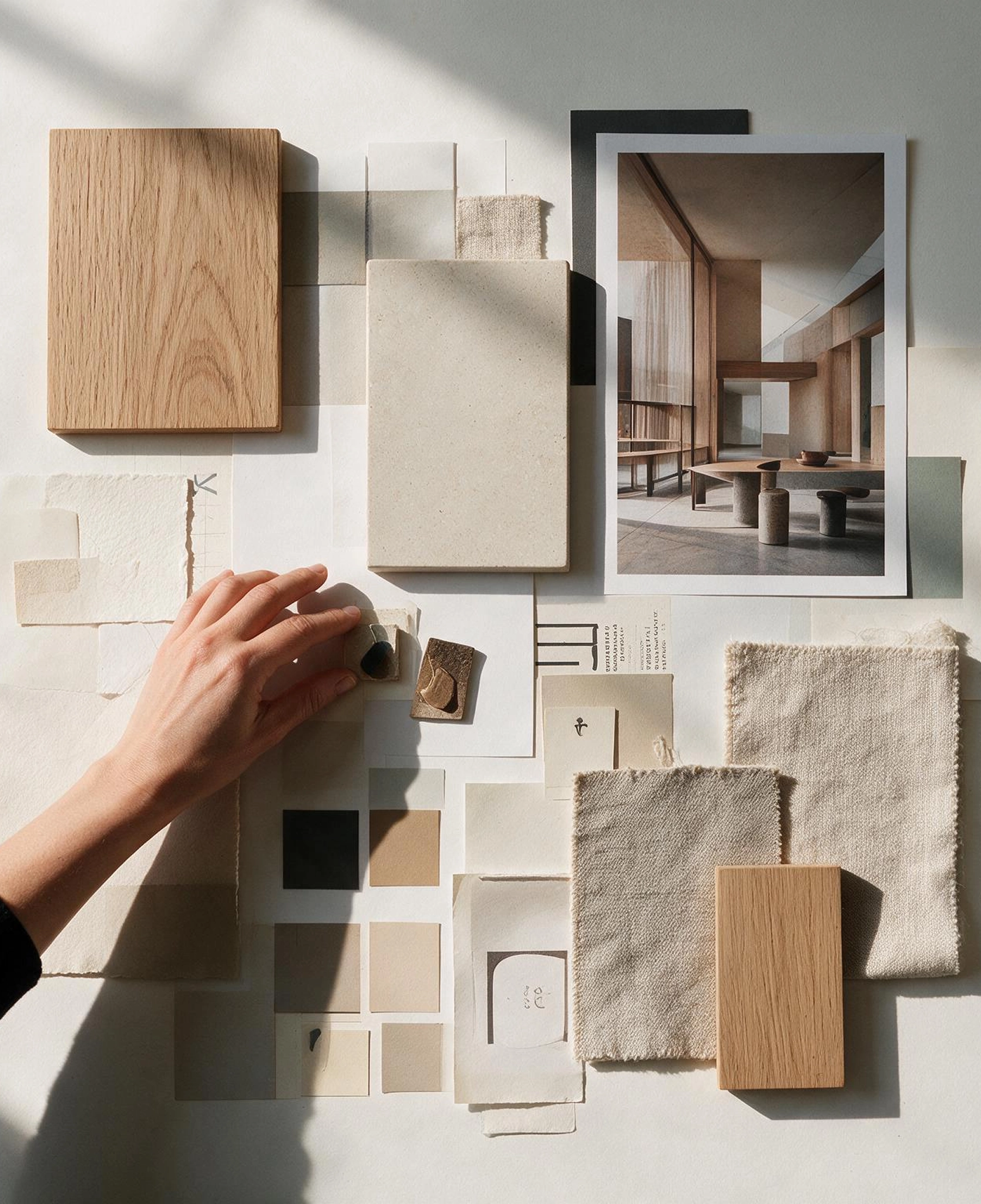 Moodboard mit Holz-, Stein- und Stoffmustern und einem Interieurfoto