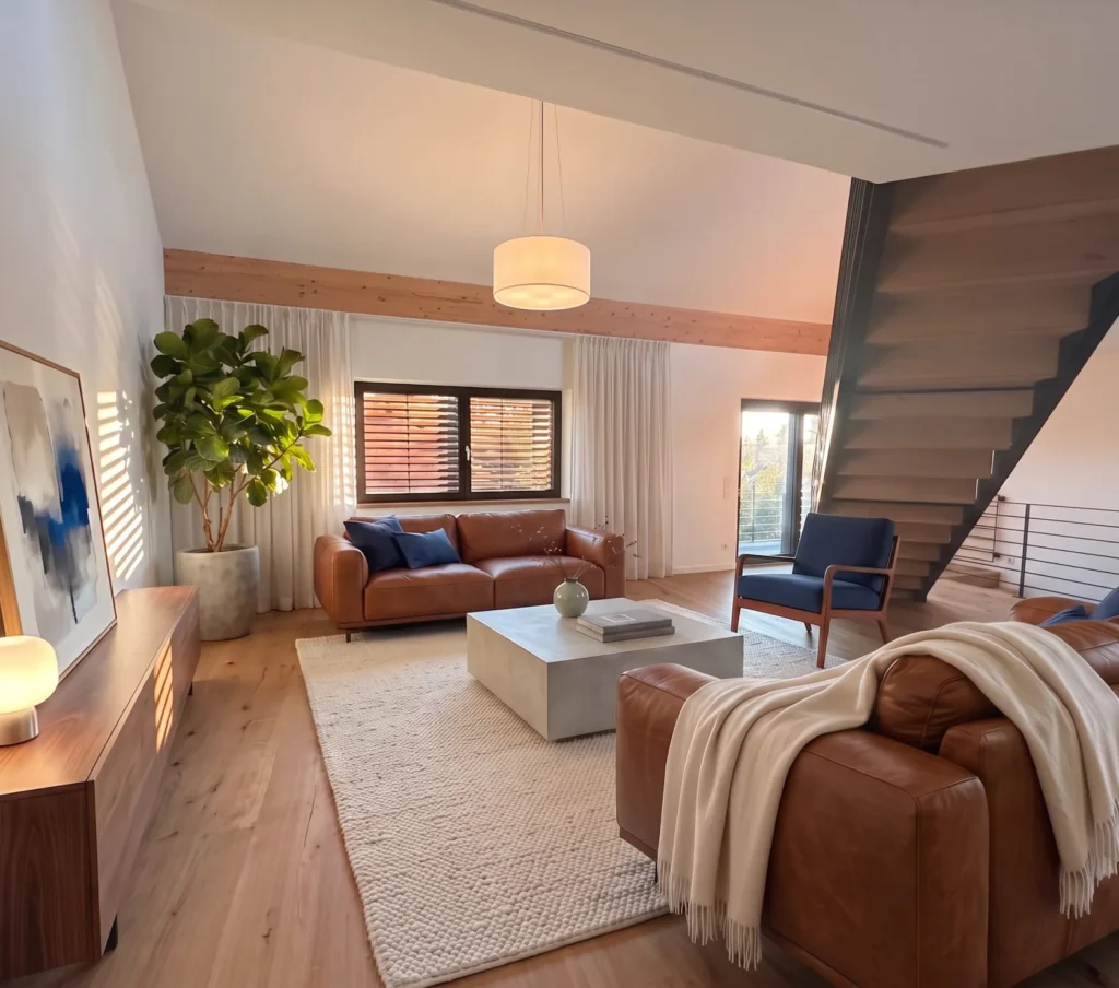 Mit Home Staging eingerichteter Wohnraum im Landkreis Bad Tölz mit Galerie und Holztreppe: Ledersofas, Betontisch, Teppich, Sessel in Blau und Pendelleuchte